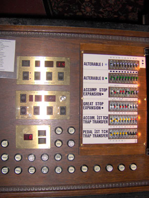 Click here to download a 1536 x 2048 JPG image showing the MIDI and percussion control panel underneath the left stop bolster.