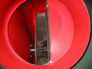 Looking into blower discharge duct Spencer organ blower outlet